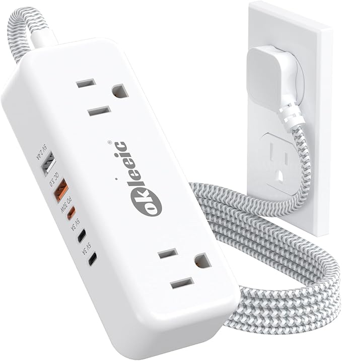 PD30W USB C Travel Power Strip,Cruise Power Strip with 5 USB(3 USB-C) Ports and 4 Outlets, Braided Extension Cord 5Ft, 30W Fast Charging Station Compatible with MacBook Laptops iPad Pro iPhone Samsung