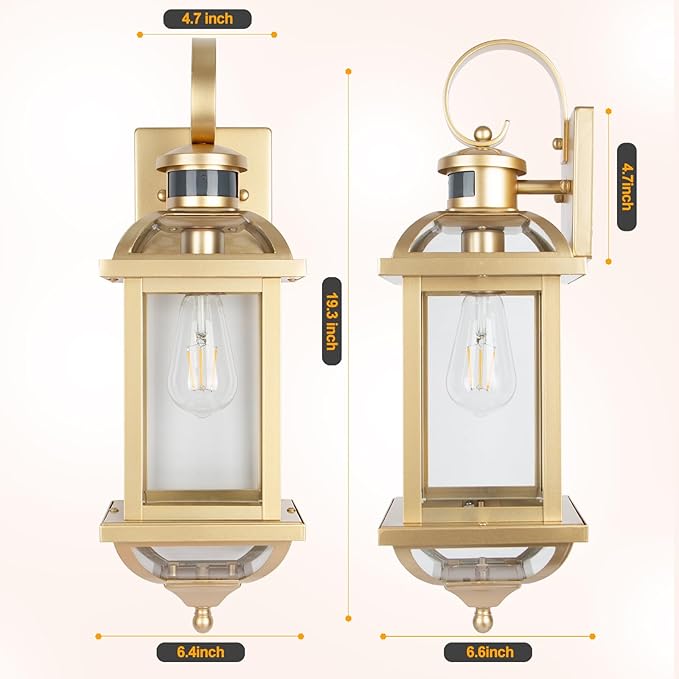 Gold Motion Sensor Outdoor Light Fixtures Dusk to Dawn, 19 Inch Enclosed Bottom Anti-Rust Aluminum Large Outside Wall Lanterns for House Brass Exterior Light Outdoor Sconces for Patio