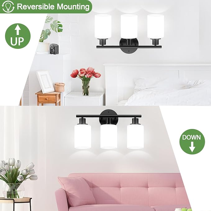 3-Light Bathroom Light Fixtures, Black Modern Vanity Lights with Milky White Frosted Glass Shades, Bathroom Wall Lamp for Mirror Kitchen Living Room Hallway Cabinet Porch