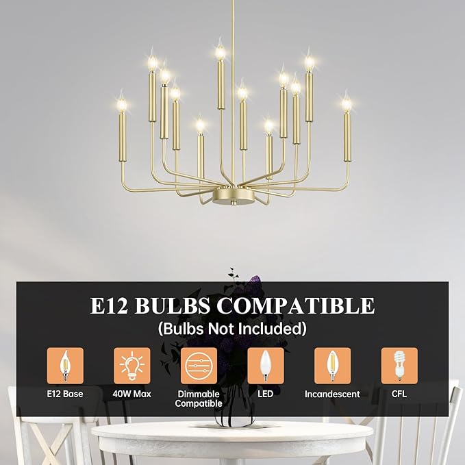 Qamra Modern Farmhouse Gold Chandelier for Dining Room, 12-Light Rustic Candle Chandelier Light Fixture, Industrial Hanging Chandeliers Lighting for Living Room, Kitchen, Staircase, Entryway, Foyer