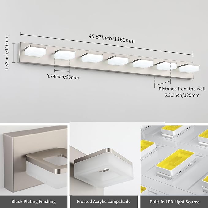 7-Light Bathroom Vanity Light Fixture Over Mirror, Nickel LED Vanity Lighting Fixtures, 45.67 inch Modern Bathroom Wall Light Fixtures with Rotating Lamp Head