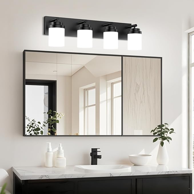 4-Light Bathroom Light Fixtures, Modern LED Vanity Light with White Glass Shade, Matte Black Bathroom Light Fixtures Over Mirror, for Mirror Living Room Cabinet Bedroom, 27 inch