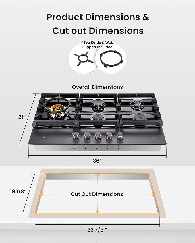 FOTILE GLG36501-Y 36” Moonshadow Grey Anti-glare Tempered Glass 5-Burner Gas Cooktop, Tri-Ring 18,000 BTUs Left Burner with Flame Failure Protection Removable Grates and Installation/LP Kit