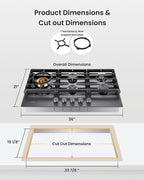 FOTILE GLG36501-Y 36” Moonshadow Grey Anti-glare Tempered Glass 5-Burner Gas Cooktop, Tri-Ring 18,000 BTUs Left Burner with Flame Failure Protection Removable Grates and Installation/LP Kit