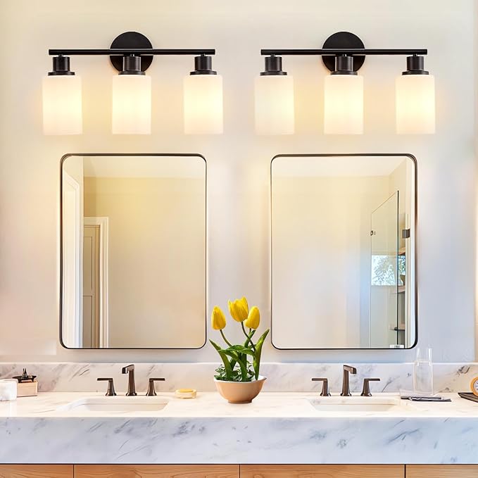 DLLT 3-Light Bathroom Light Fixtures: Black Modern Vanity Lights with E26 Bulbs - Milky White Glass Shade Bathroom Wall Lamp for Mirror Kitchen Living Room Hallway Cabinet Porch