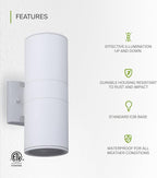 ASD 2 Light Outdoor Wall Light Fixture | 120W E26 Bulb Socket 120V ETL Cylinder Up Down Lights | LED/CFL/Incandescent Bulb Exterior Wall Sconce | Front Door, Porch, Patio Lighting | White, 6 Pack