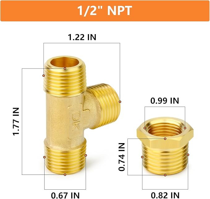 GASHER 5PCS Brass Male Tee Pipe Fitting T Adapter, 3 Way Brass Fitting 1/2" x 1/2" x 1/2" NPT T Fitting