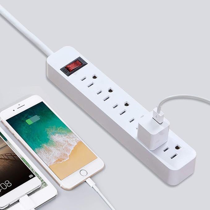 EXTRASTAR 6 Outlets Power Strip, 6 Ft Extension Cord 1875W,15A Build-in Circuit Breaker, Mountable, Thin Flat Plug, Desktop Charging Station for Home School Office, White