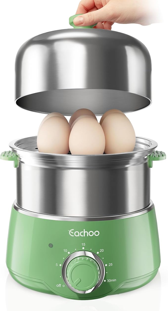 Hard Boiled Egg Cooker - CACHOO 14-Egg Rapid Stainless Steel Egg Boiler with 30-Min Timer & Auto Shut Off, Compact Electric Vegetable Steamer for Cooking, Dishwasher Safe, Retro Green