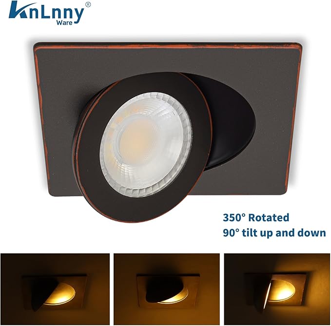 Square Bronze Recessed Lighting 4 Inch 6 Pack, Ajustable Eyeball recessed Light with Junction Box,5 Color Selectable,Airtight,9W 750LM,Dimmable,Bronze