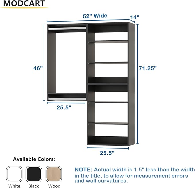 Modular Closet System, 52" Wide Organizer With Towers and Hanging, Wood Tower Storage for Walk In Closets, Wall Mounted Wardrobe Kit, Bedroom, Black