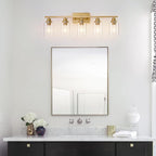 5 Light Gold Bathroom Light Fixtures Brushed Brass Vanity Light Over Mirror Modern Wall Lighting Sconces Wall Lamp for Bathroom, Bedroom, Living Room E26 Socket with Glass Shade