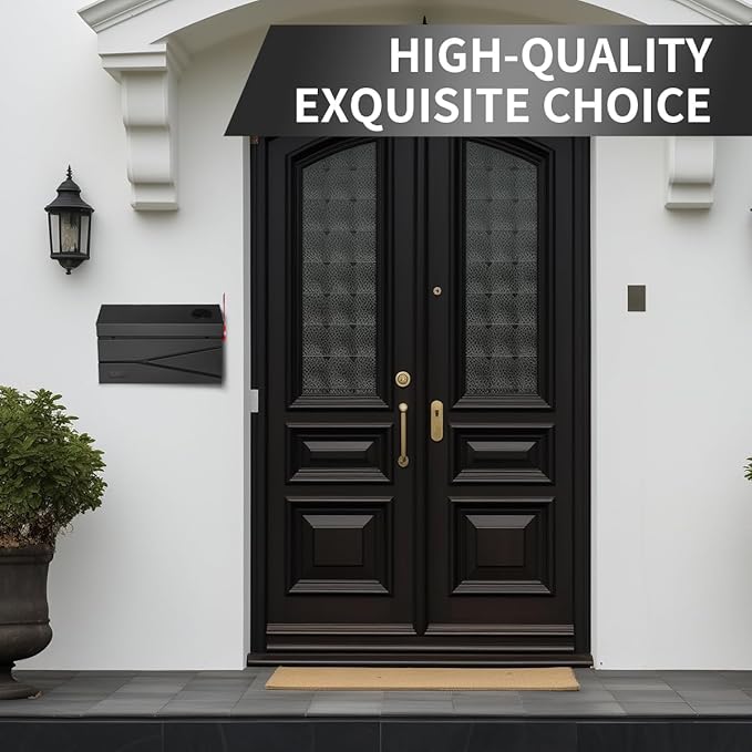 Wall Mount Mailbox, Large Capacity Mailbox for House, with Flag, Visibility Galvanized Steel Rust-Proof Metal Post Drop Box, Mailboxes for Outside, 15.74"×9.84"×4.33" Solar Lanterns Black