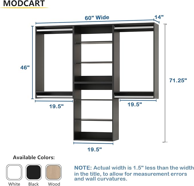 Modular Closet System, 60" Wide Closet Organizer System with Hanging and Towers, Wood Tower Closet Storage for Walk In Closets, Wall Mounted Wardrobe Organizer Kit System, Bedroom, Black