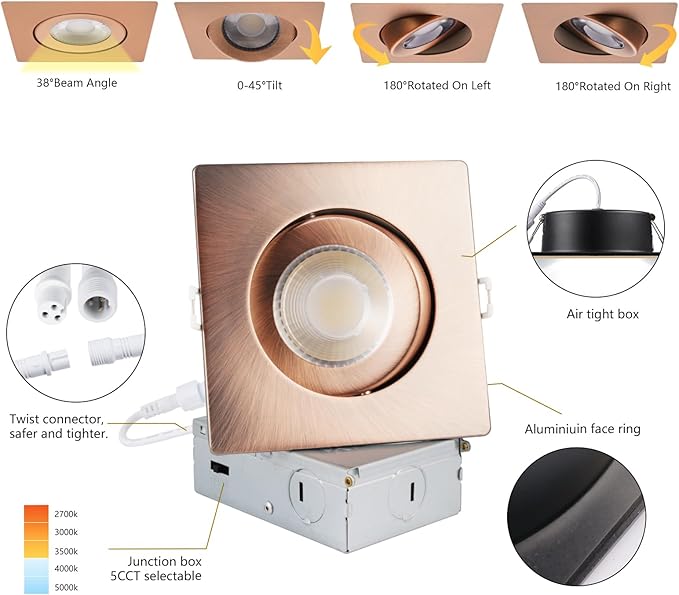 Bronze Recessed Lights Square 4 inch 6 Pack, Gimbal Gimbal Recessed Lights,dimmable, 5CCT Selectable,9W 750LM