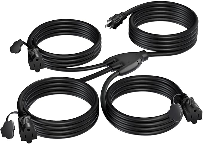 K KASONIC - 25 FT Halloween Lights Outdoor Extension Cord 1 to 3 Splitter, 3 Prong Outlets Plugs, 16AWG/3C SJTW Weatherproof Wire for Holiday Decoration Light, ETL Listed, Black