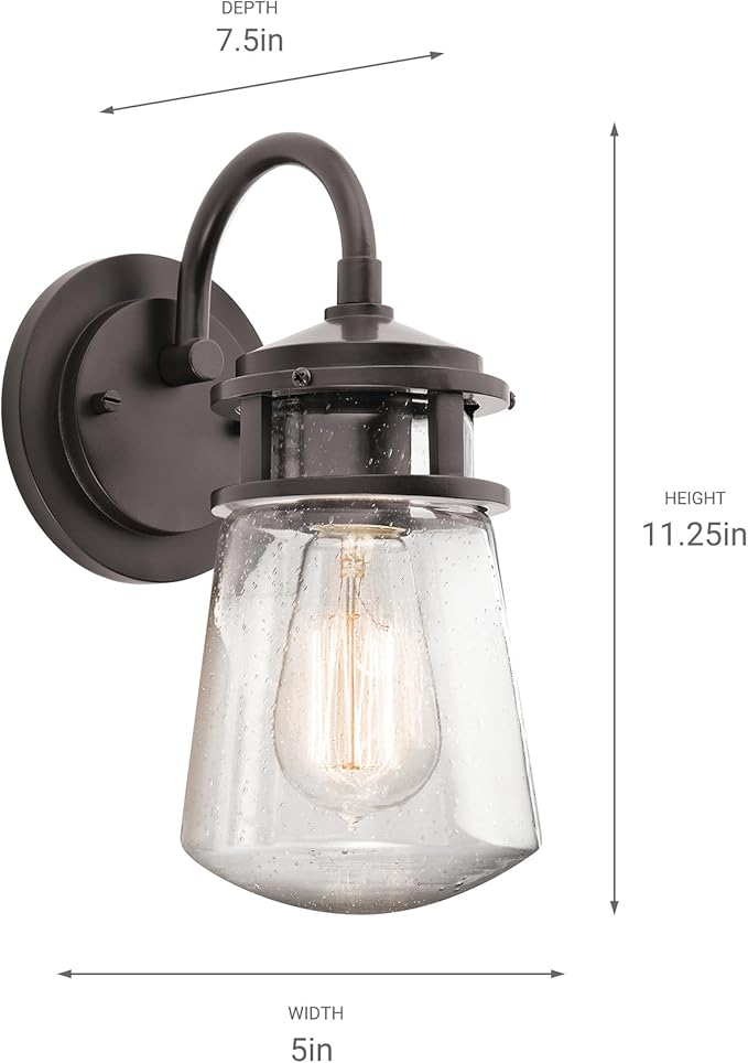 Kichler Lyndon 11.25" Wall Sconce in Architectural Bronze, 1-Light Indoor Outdoor Wall Light with Clear Seeded, (11.25" H x 5" W), 49444AZ