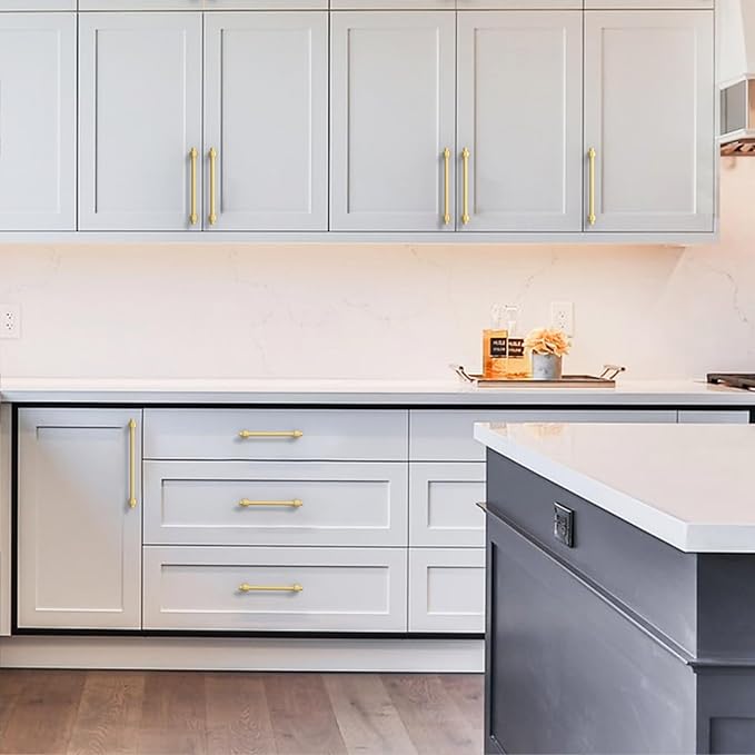 Amerdeco 10 Pack Brushed Gold Cabinet Pulls 3.75 Inch(96mm) Hole Center Drawer Pulls Cabinet Hardware Kitchen Cabinet Handles for Bathroom Dresser Pulls ZH0069