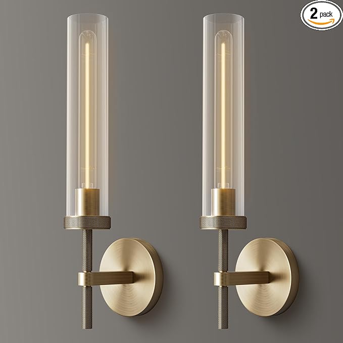 Brass Wall Sconces Set of Two 19.48'' Knurled Texture Indoor Wall Light Fixtures, Bathroom Vanity Light Fixtures with Clear Glass, Modern Wall Lamp for Living Room Hallway (Bulb Included)