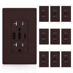 ELEGRP USB Outlets Receptacles, 3-Port Wall Outlet, 30W 6.0A Electrical Outlet, 15 Amp Tamper-Resistant Outlet with Type C Ports, UL Listed, Wall Plate Included, 10 Pack, Matte Brown