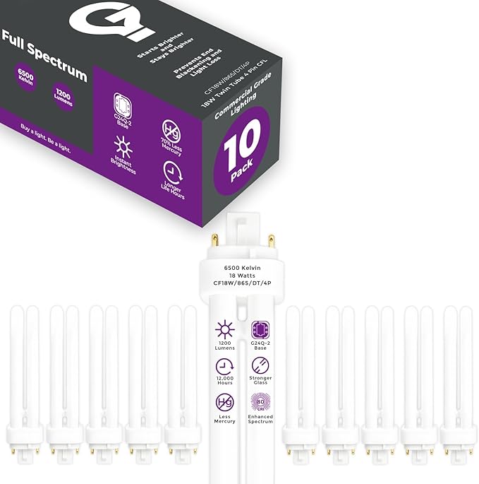 GoodBulb 18 Watt CFL Light Bulbs 4 Pin G24Q-2 Base 6500K Full Spectrum 18W High Output 1200 Lumens Double Tube Compact Fluorescent Light Bulbs Plug-in 10 Pack