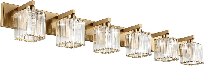 Aipsun Bathroom Vanity Light Brass Crystal Vanity Lighting Fixtures 6 Light Modern Bathroom Lighting Fixtures (Exclude Bulb)