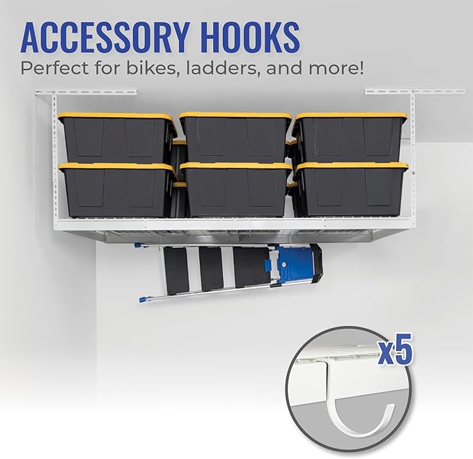 SafeRacks 4 ft x 8 ft Overhead Storage Rack Adjustable 24 in - 45in Height (White) With Accessory Pack With 5-Piece Hook Accessory Pack