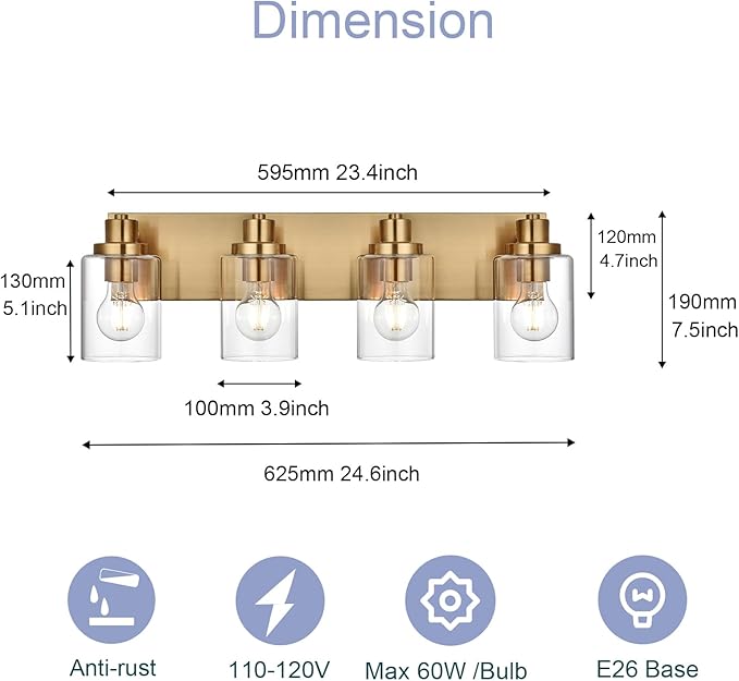 4 Light Bathroom Vanity Lights Brushed Brass Bathroom Lighting Fixtures over Mirror with Clear Glass Shade, Vintage Gold Vanity Light For Bathoom, Modern Bathroom Wall Vanity Lighting Fixtures