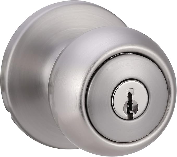 Amazon Basics Exterior Door Knob With Lock, Coastal, Satin Nickel