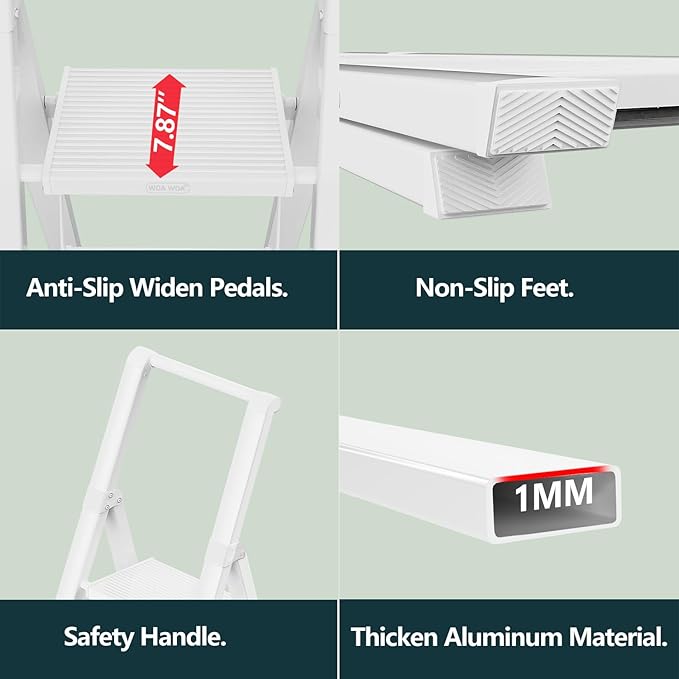 WOA WOA 4 Step Ladder for 10 Feet High Ceiling, Lightweight Foldable Ladder with Non-Slip Wide Pedals, Step Stool with Safe Handrail, Space Saving for Home, Kitchen, Indoor & Outdoor 300lbs - White