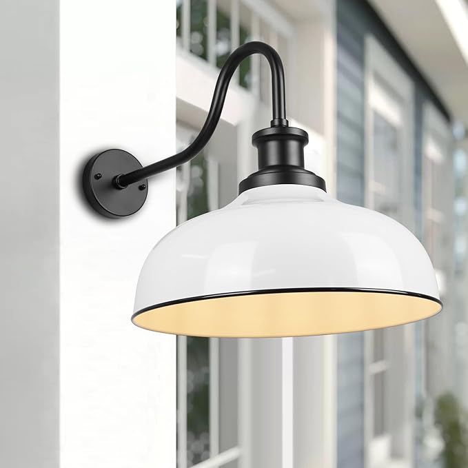 Outdoor Gooseneck Barn Lights, 16 Inch Dome Outdoor Wall Sconce Farmhouse Exterior Wall Mount Light Vintage Wall Lighting Fixture Industrial Lantern for Porch, Entryway, Garage, RZ007L-2 WH