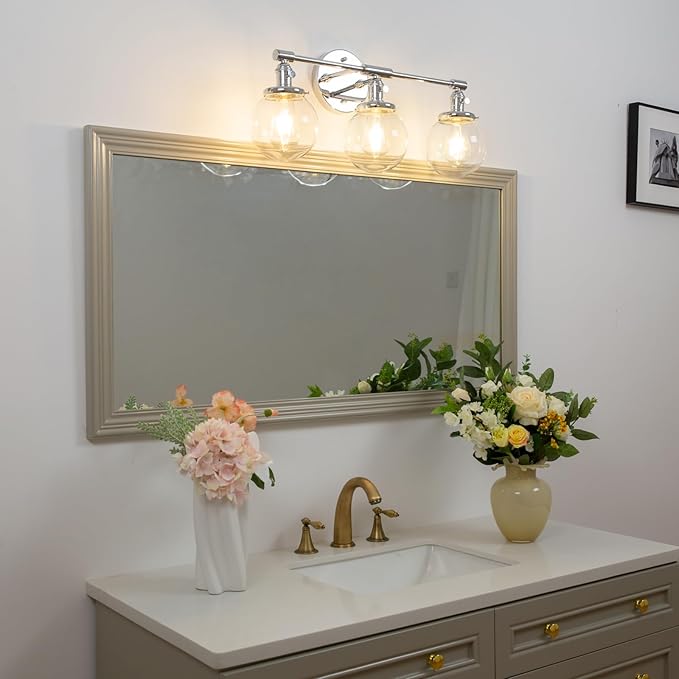 Phansthy 3-Light Wall Sconces Antique Brass Vanity Light, Industrial Wall Lamps with On Off Switch and Clear Glass Lampshade, Vintage Wall Lighting for Bathroom Living Room (Chrome, Globe Shade)