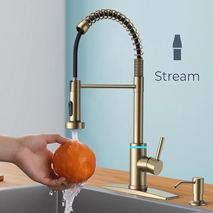 Smart Kitchen Faucet, 3 Modes Pull Down Sprayer, LED Temperature Control, Ceramic Valve, 360-Degree Rotation, 1 or 3 Hole Deck Plate. 10-Year Warranty. (KW-56J, Gold)