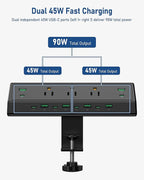 Jgstkcity 90W Desk Clamp Power Strip,12 USB Ports (6 PD 45W USB-C),Surge Protector,ETL Listed Power Hub Extension Cord,Fast Charging Station for Home Office Desk Edge Mount (Black,12 USB-90W)