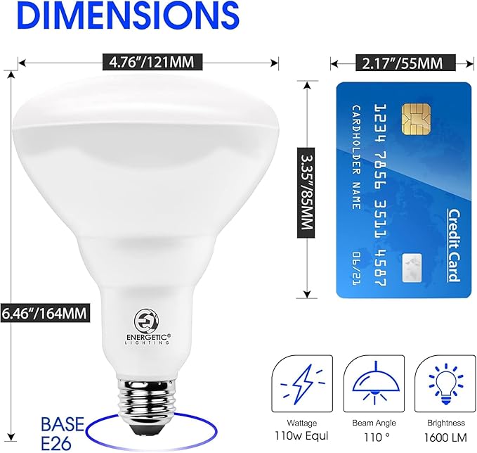 Energetic BR40 LED Light Bulbs, Indoor Flood Light, Dimmable, 6000K Cool Daylight, 110W Equivalent, 1600LM, E26 Base, Flicker Free, UL Listed, 6 Pack