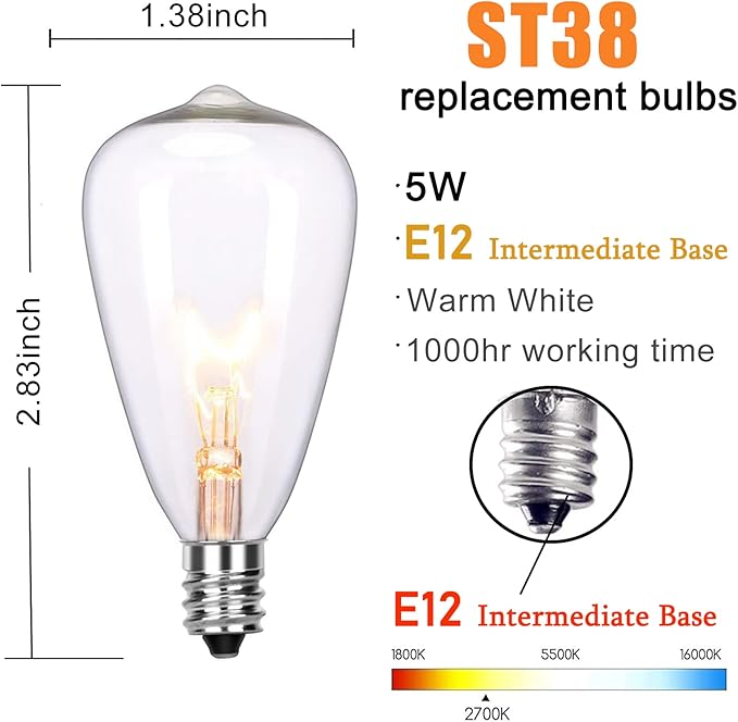 ST38 Edison Replacement Light Bulbs, 7W Clear Glass String Lights for Outdoor Patio Garden Wedding Decor, C7/E12 Screw Base, 10 Pack