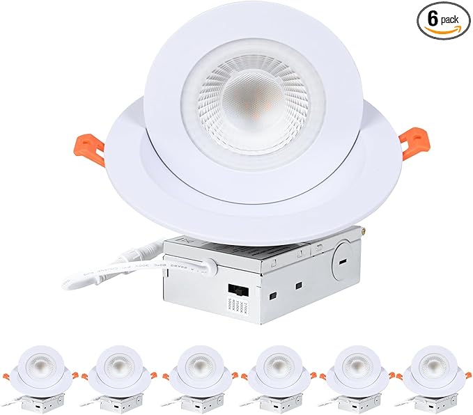 ZYC Gimbal LED Recessed Lighting - 6 Inch 5CCT 12W 360° Rotation Adjustable Eyeball Light,LED Swivel Spotlight,Directional Sloped Ceiling Light,Dimmable Canless Wafer Downlight Pack of 6 White.