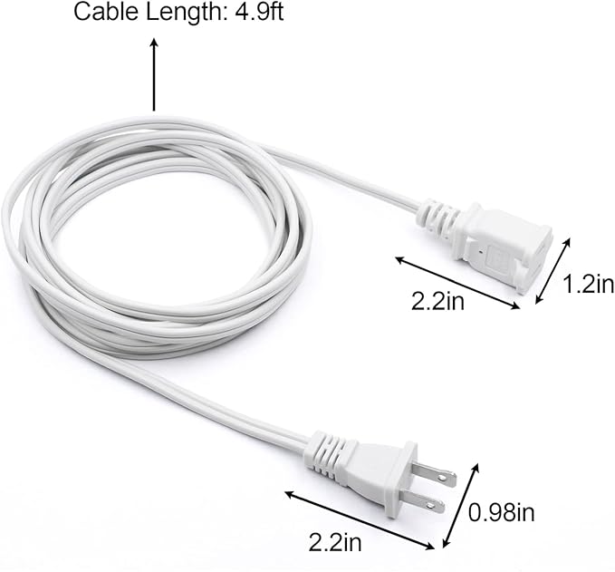 2Pack 2 Prong Extension Cord 5ft,Indoor Small and Slim Power Cable Male/Female,Lightweight Design for Decor Use, Christmas Lights & Home Appliances,White