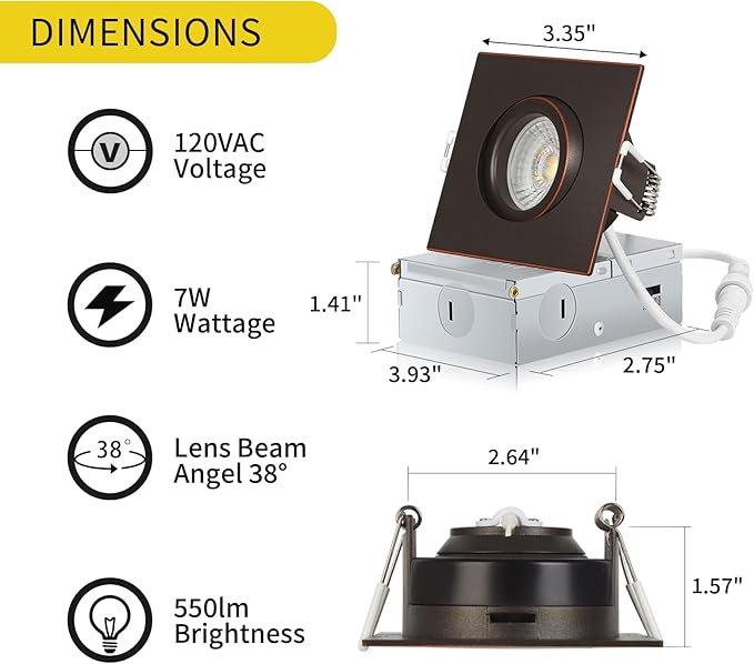 Square Bronze Recessed Lighting 3 Inch 6 Pack, Ajustable Eyeball recessed Light with Junction Box,5 Color Selectable,Airtight,9W 750LM,Dimmable,Bronze