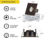 Square Bronze Recessed Lighting 3 Inch 6 Pack, Ajustable Eyeball recessed Light with Junction Box,5 Color Selectable,Airtight,9W 750LM,Dimmable,Bronze