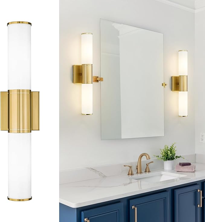 Bathroom Light Fixtures, 2-Light Vanity Lights for Mirror with Milk Glass Shade, Brushed Gold Wall Sconces Up and Down Wall Lamp for Bathroom Bedroom Hallway, VL834-BG-ML
