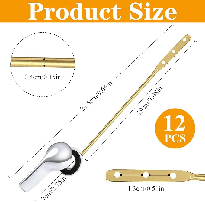 12 Pcs Toilet Flush Handle, Front Mount Toilet Handle Lever, Brass Toilet Flusher Replacement with Nuts, Universal Toilet Repair Handle Inside Tank