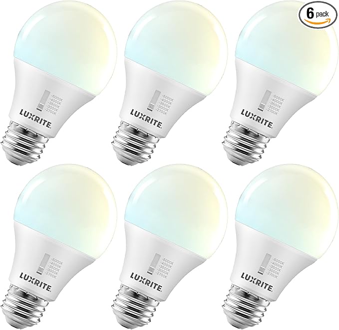 LUXRITE A19 LED Light Bulb 60 Watt Equivalent, CRI90, 5CCT 2700K 3000K 3500K 4000K 5000K, Dimmable, 800LM, Standard LED Light Bulbs 9W, E26 Base, ETL - Perfect for Lamps and Home Lighting (6 Pack)