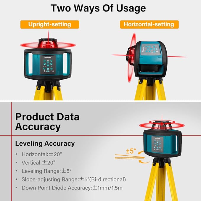 Takamine Rotary Laser Level Kit, Red Beam 635nm Wavelength, 800M Measuring Range, Horizontal/Vertical Self-Leveling, 5 Scan Angle and Rotation Speed Adjustment, Includes Remote Control, Receiver.