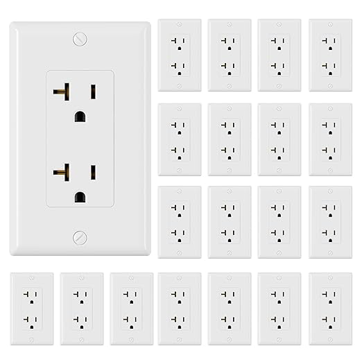 ELEGRP Glossy White Decorator Electrical Wall Outlet Receptacle, 20A 125V Standard Outlets, 2 Pole 3 Wire, Non-Tamper Resistant, NEMA 5-20R, Self-Grounding, Wall Plate Included, UL Listed, 20 Pack