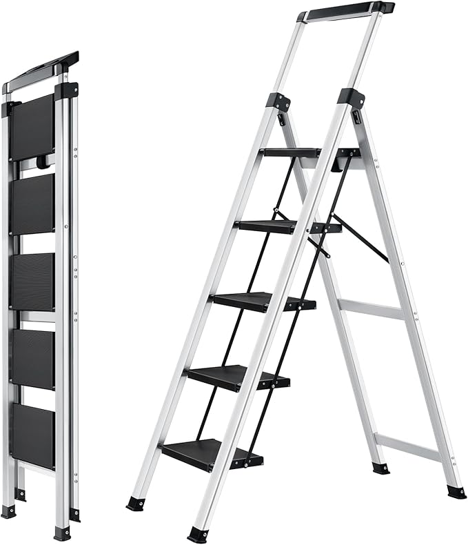 XinSunho 5 Step Ladder, Aluminum Folding Stool with Retractable Handrails & Tool Tray, Anti-Slip, Sturdy Lightweight, 330lbs Safety for Kitchen Indoor Outdoor