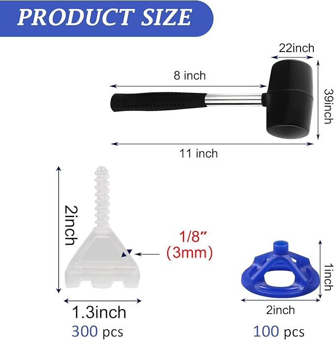 1/8'' Tile Leveling System with Rubber Mallet, 300 Pcs Tile Leveler Spacers Baseplates and 100 Pcs Reusable Caps, Tile Spacers Clips Kit for Professional Tile/Stone/Wall/Floor Installation