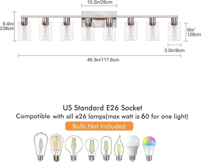 8 Light Bathroom Vanity Light, Large Brushed Nickel Vanity Lights Fixtures, Bathroom Lighting Fixture Over Mirror with Clear Glass Shade for Mirror, Bedroom, Living Room, Wall Lamp