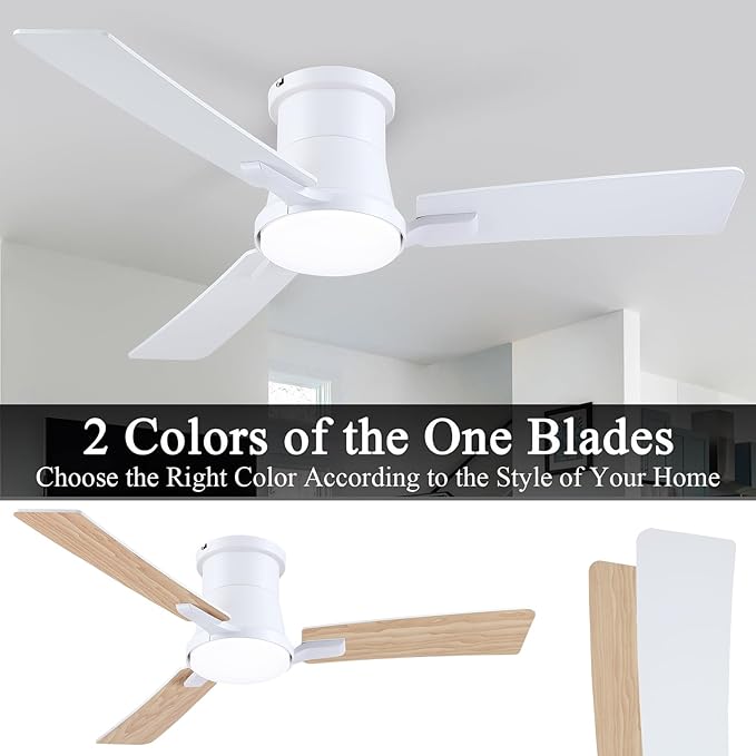42 Inch Ceiling Fans with Lights and Remote,White Low Profile Ceiling Fan with Light,Flush Mount,Reversible,6 Speeds,3CCT Dimmable,for Bedroom,Living Room,Indoor Patio