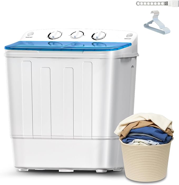 Portable Mini Twin Tub 18Lbs Washing Machine with Drying Rack & 10 Hangers, Washer(11Lbs) and Spinner(7Lbs) Combo with Timer Knob, Compact Semi-automatic Laundry Washer for Home Dorm Apartment, Blue